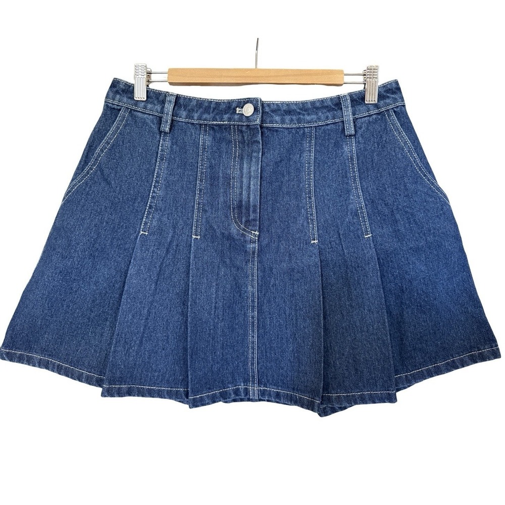 VICI Dark Blue Denim Heavyweight 100% Cotton Pleated Button Mini Skirt Size XL